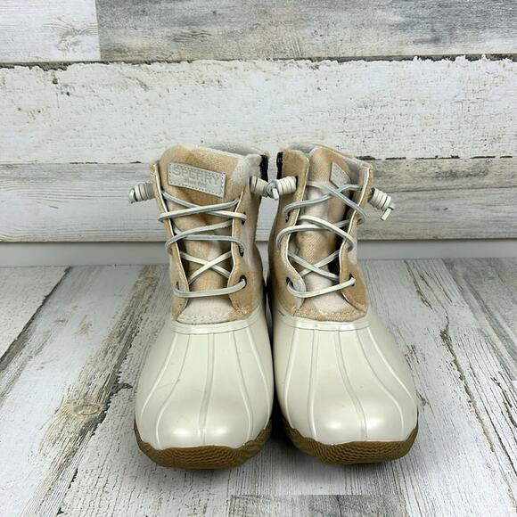 Sperry Women’s 7.5 Saltwater Cream Tan Buffalo Check Wool Ivory Duck Boots NEW - Picture 4 of 11